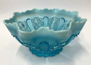 Lot 213 - Vintage Davidson Blue Glass Lady Chippendale Bowl with vaseline rim wi Lot 213 - Vintage Davidson Blue Glass Lady Chippendale Bowl with vaseline rim wi