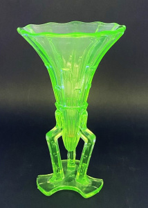 Lot 220 - Art Deco Libochovice Czech Uranium Glass Rocket Vase - Tri footed with Lot 220 - Art Deco Libochovice Czech Uranium Glass Rocket Vase - Tri footed with