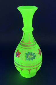 Lot 230 - Victorian Satin Uranium Glass Vase with handpainted floral decoration