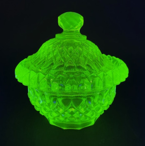 Lot 238 - c1800s Heavy Uranium,Citrine Glass lidded Candy Jar - Diamond Cut with