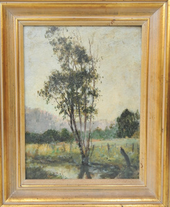 Artist Unknown Gilt framed c1920s Oil Painting - Landscape w Creek & Sapling
