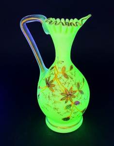 Victorian Uranium Satin glass Ewer Vase with Ruffled rim & angled handle - H