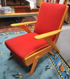 Lot 5 - Mid Century Australian Timber & Red Upholstered Armchair w Contrasti Lot 5 - Mid Century Australian Timber & Red Upholstered Armchair w Contrasti