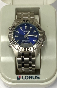 Lot 24 - Boxed c1990s Mens Lorus Alarm Chronograph Wrist Watch - Blue face w Dig