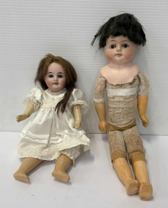 Lot 28 - 2 x bisque Dolls - petite girl, glass eyes, open mouth, comp body (25cm