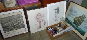 Lot 34 - Box Lot + Mixed Items incl Boxed Oriental Figure, Sarah Moon Prints, Eb