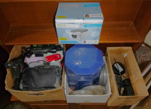 Lot 40 - Group Lot inc Video Cameras, Accessories, Film Canister Reels, Pair of Lot 40 - Group Lot inc Video Cameras, Accessories, Film Canister Reels, Pair of