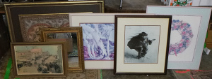 Lot 44 - Group lot - Framed Pictures, prints, Mirror, etc - Large Indian Embroid