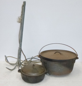 Lot 46 - Group lot - Old Galvanised Boat Anchor + 2 x lidded Cast Iron Cooking P