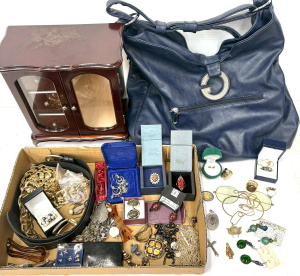 Lot 59 - Grp - costume jewellery, belts, rings, earrings, miniature cabinet, blu