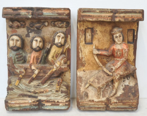 Lot 89 - 2 x Vintage Carved Wooden Wall Hangs w Scenes of Three men Rowing & Lot 89 - 2 x Vintage Carved Wooden Wall Hangs w Scenes of Three men Rowing &