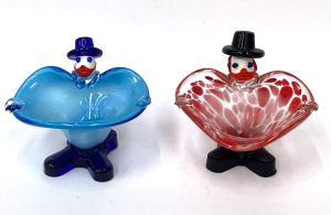 Lot 132 - 2 Art Glass Clown Ash Trays Aqua Blue & Clear with red splatters -