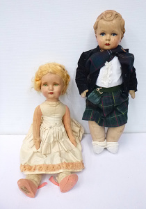 Lot 174 - 2 x Circa 1920s - 40s Composition headed doll with padded bodies inc, Lot 174 - 2 x Circa 1920s - 40s Composition headed doll with padded bodies inc,