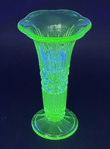 Lot 181 - Vintage Uranium glass vase - Linear panels with lower & central di