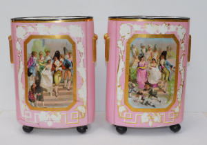Lot 196 - Pair Victorian French Porcelain Vases Transfer scene to front hand pai