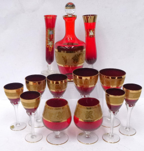 Lot 200 - Group lot vintage Bohemian Ruby glass inc Decanter 27cm H with 5 sets