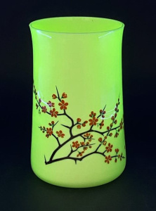 Lot 201 - Vintage Uranium Milk Glass vase - Cylinder shape with hand painted che