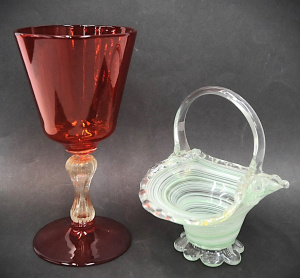 Lot 210 - 2 x Vintage Italian Glass Pieces incl Small Basket w Green Stripes &am Lot 210 - 2 x Vintage Italian Glass Pieces incl Small Basket w Green Stripes &am