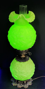 Lot 224 - Vintage Fenton Uranium Green Satin glass Lamp - Poppy Pattern - Ball s
