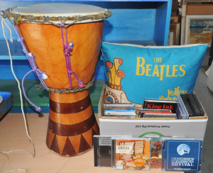 Box of CDs & Assorted Music Items incl Nirvana CDs, Tribal Style Drum, The B