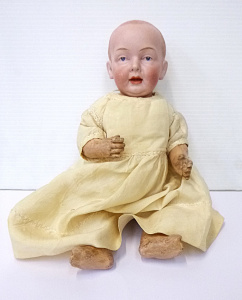 Early 1900s German Einco Bisque Socket Headed Baby Character Doll with jointed c