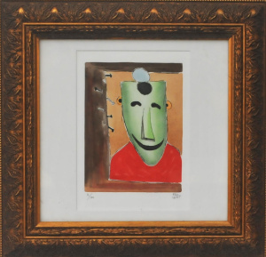 Pro Hart (1928 - 2006) Gilt framed Hand coloured Etching - The Miners Mask - Sig