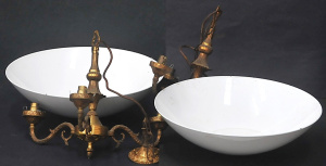 Lot 38 - Lot of Lighting incl Pair of White Enamel Industrial Metal Light Shades
