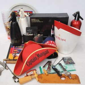 Lot 39 - Box of Assorted Barware incl GH Munn Champagne Bucket, Soda Siphons, 'F