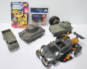 Lot 62 - Box lot of Vintage Toys incl Packaged Plastic Army Tank w Triang MINIC
