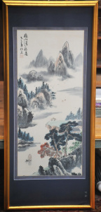 Lot 85 - Large gilt framed Chinese Watercolour - Traditional River scene w all M