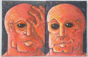 Lot 92 - Artist Unknown Pair c1970s 80s Oil Paintings on Hessian - Modernist Po