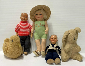 Lot 111 - Grp toys - cloth dolly wearing playsuit, 2 boy dolls, comp & cellu