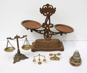 Lot 132 - Group lot of Scales & set of Weights inc Decorative miniature, Bra