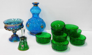 Lot 134 - Group vintage Glass inc Czech Hand Painted Bell, Indiana Blue Irridesc