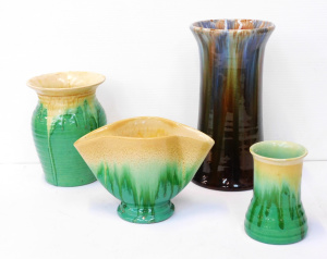 Lot 184 - 4 pces Vintage Australian pottery inc Hoffman Drip glaze tall vase 26c