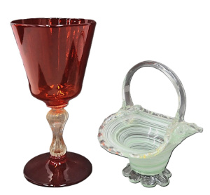Lot 195 - 2 x Vintage Italian Glass Pieces incl Small Basket w Green Stripes &am