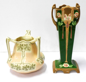 Lot 202 - 2 pces Art Nouveau ceramics inc Eichwald Majolica Pottery Vase 30cm H