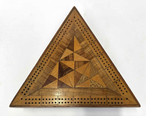 Lot 204 - c1900 triangular shaped Tunbridge Ware footed cribbage Board with stor