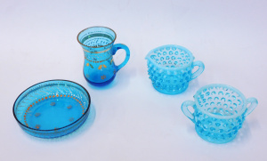 Lot 211 - 4 pces Blue Glass inc Victorian Hand painted Cup & Pin dish &