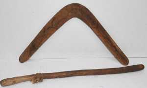2 Vintage c1930s Carved Aboriginal Items - Boomerang from Lake Tyers w Pokerwork