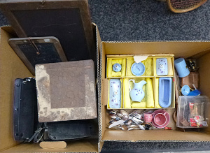 2 x Box Lots inc, kids vintage china dressing table set, Bakelite toy flour cani