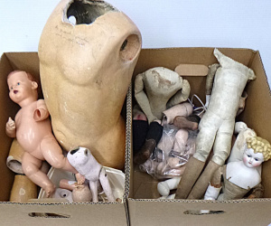 2 x Boxes of Vintage Doll Parts inc, composition, torsos, limbs, kid & cloth