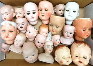 Box lot of Assorted Vintage Dolls Heads - bisque, composition & hard plastic