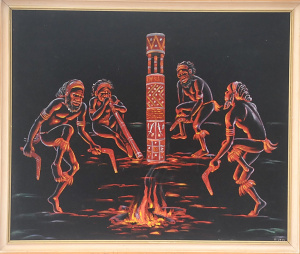 Kitsch Aboriginal Felt Image of a Corroboree - Signed to Lower Right, Approx 56c