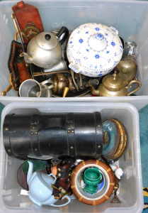 Lot 12 - 2 x Boxes Mixed vintage inc Horse Brasses, Ceramics, EPNS, Brass, Ornam