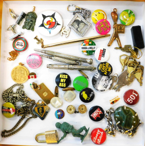 Lot 26 - Group lot of vintage Blokey items inc Badges, Propelling Pencil, Medall