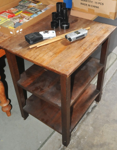 Lot 35 - Two-Tier Table & Box of Assorted Items incl Zoom Handy Recorder, Ni
