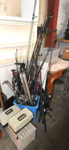 Lot 38 - Large Lot of Assorted Fishing Equipment incl Fishing Rods, Tackle Boxes