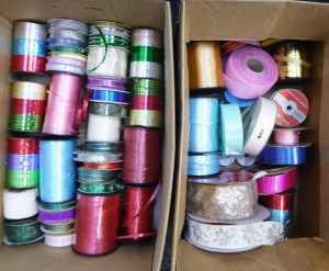 Lot 43 - 2 x Boxes of assorted ribbons for craft, gift wrapping - various sizes,