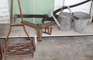 Lot 46 - Group Lot Metal items, inc Watering Can with Rosette & Bucket House